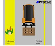 Pedestrian on yellow safety walkway with forklift passing by in forklift aisle