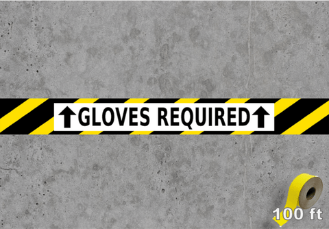 PPE Requirement Safety Floor Tape with Gloves Required message on warehouse floor