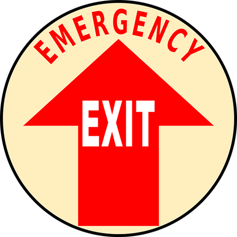 Floor sign for emergency exit with arrow pointing toward emergency exit