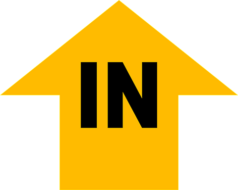 Floor Sign Arrow with IN text. Yellow with black text