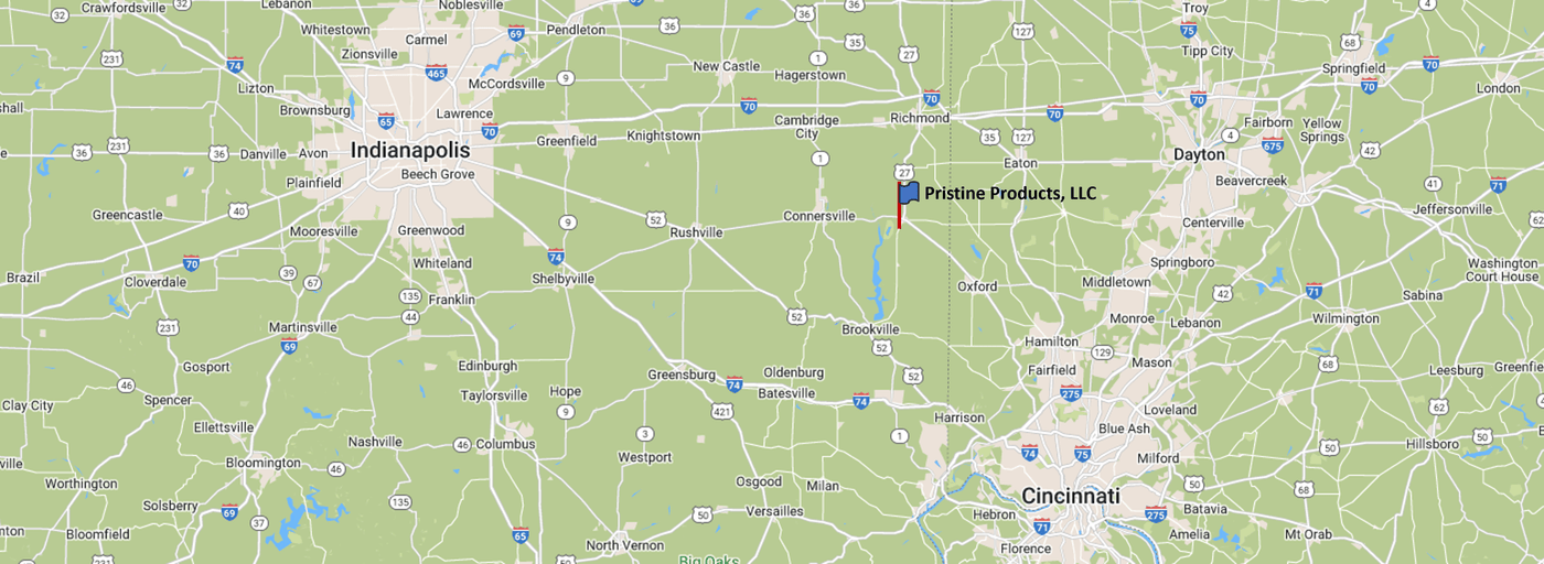 Map of Pristine Products location in reference to Indianapolis Indiana, Cincinnati Ohio, and Dayton Ohio
