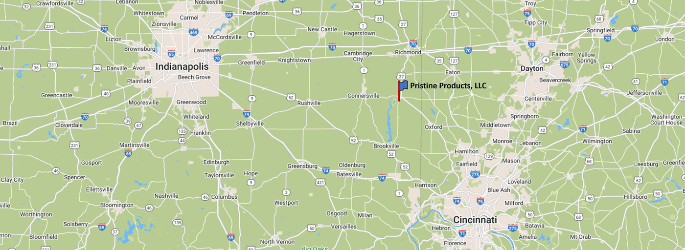 Map of Pristine Products location in reference to Indianapolis Indiana, Cincinnati Ohio, and Dayton Ohio