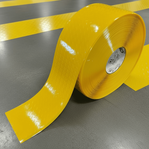 Yellow Mighty Line Mighty Tac Traction Floor Tape on concrete warehouse Floor