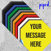 Custom Octagon floor signs with graphic showing peel and stick adhesive backing and "Your Message Here" placeholder text