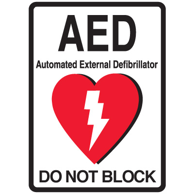 AED floor sign with do not block message and AED heart symbol