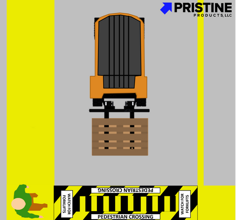 Animation of warehouse safety crosswalk with pedestrian crossing and forklift with a pallet