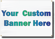 Custom Banner Here text on white banner with grommets