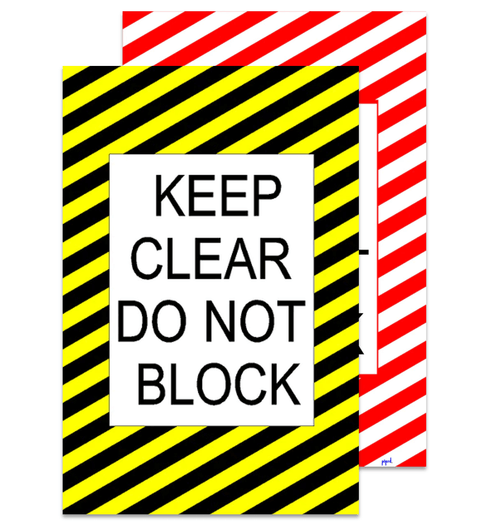 Do Not Block Floor Signs- Keep Clear message with yellow/black and red/white hazard stripe background