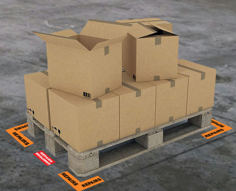 Skid with materials located by "repairs required" floor marking angles on warehouse floor