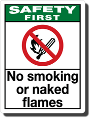 Safety First No Smoking Or Naked Flames Aluminum Sign