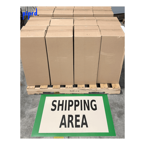 Warehouse shipping area floor sign with pallets in shipping area