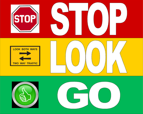 STOP LOOK GO floor sign with red yellow and green for forklift safety 