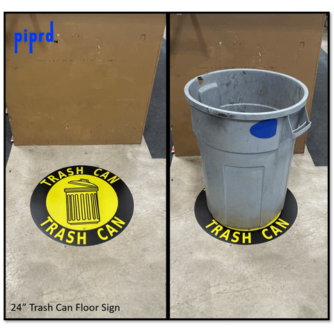 Trash Can Floor sign to identify proper location on warehouse floor for improved 5S. 24" Yellow and black trash can floor sign