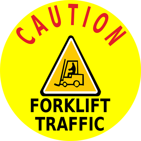 Caution Forklift Traffic adhesive floor sign - Yellow circle with red and black text and forklift graphic