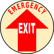 Floor sign for emergency exit with arrow pointing toward emergency exit