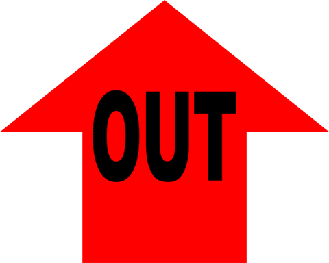 Floor Sign arrow with OUT text. Red with black text