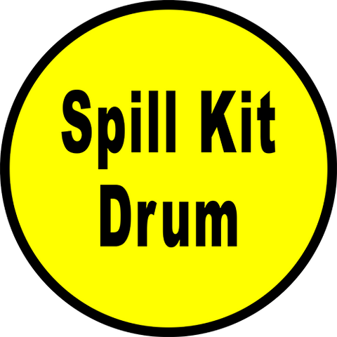 Spill kit drum floor sign. Durable adhesive sign with yellow background and black text