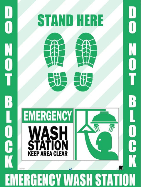 Emergency Wash Station Floor Sign with Do Not Block and Stand Here message