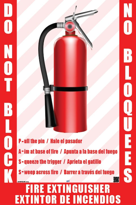 Extintor De Incendios - floor sign in English and Spanish with do not block message (No BLoquees) message