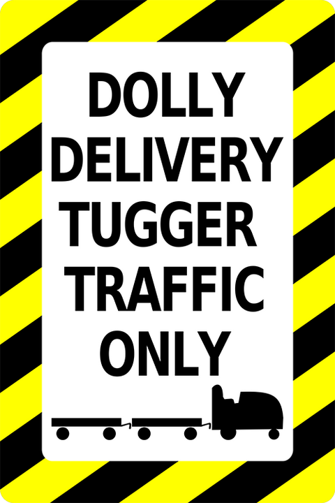 Dolly Delivery Traffic Only Floor Signs with tugger cart graphic and hazard stripe border