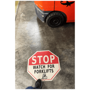 STOP watch for forklifts floor sign with pedestrian walking and forklift passing by